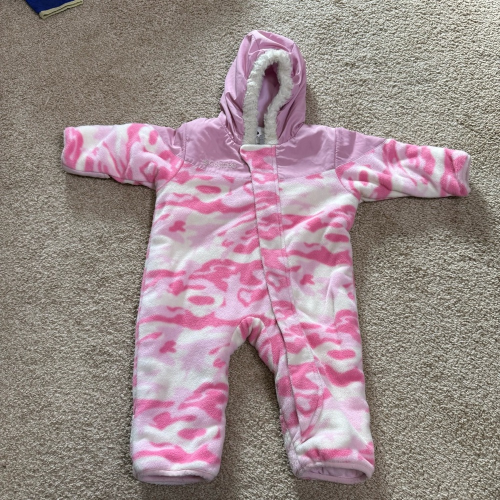 Columbia Girls Baby Bunting Snow Suit Fleece‎ Pink Camo Fur Trim Hood 12 months